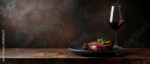 a steak on a plate and a glass of wine