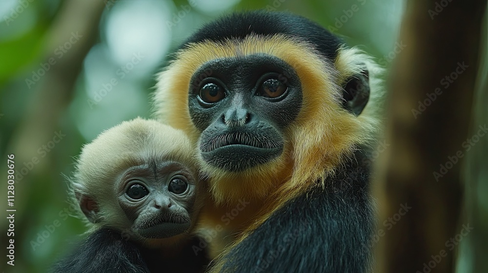 A close-up of a mother and infant of a Yellow Cheeked Gibbon monkey (Nomascus Gabriallae) in the forest A close-up of a mother and infant of a Yellow Cheeked Gibbon monkey (Nomascus Gabriallae) in the forest