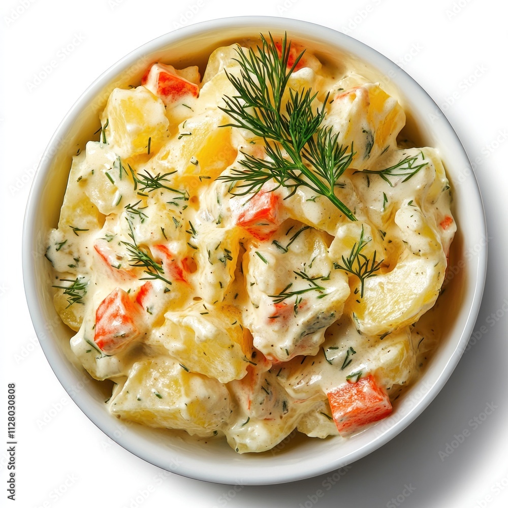 Creamy potato salad with carrots and dill in a bowl. Creamy potato salad with carrots and dill in a bowl.