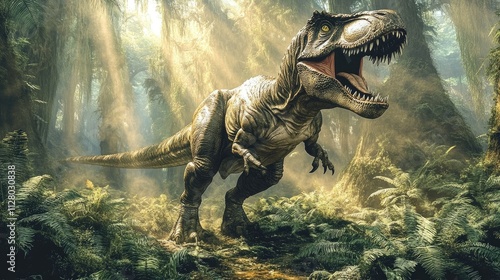 A roaring dinosaur in a lush, prehistoric forest, capturing the essence of ancient wildlife.