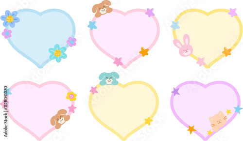 Cute vector illustration of cat, bunny, puppy, flower, stars with heart shaped blank space for name tag, text bubble, sticker, animal print, memo note, sticky note, notepads, paper design, pet shop