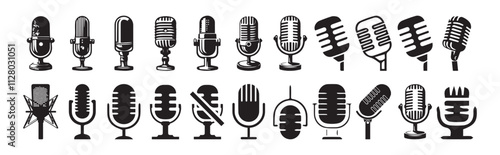 Microphone Icons set. variant microphone icon. Karaoke mic. Podcast microphone. web and mobile icons  Different microphone collection. Podcast mike, journalist microphone, karaoke. vector illustration
