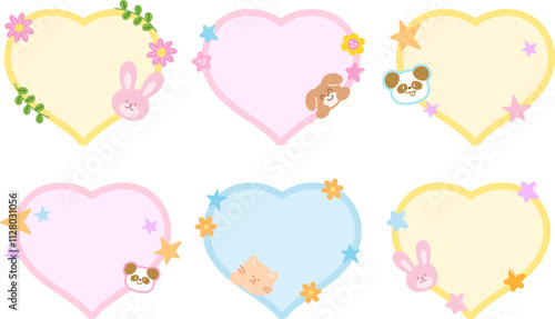 Cute vector illustration of panda, cat, bunny, puppy, flowers with heart shaped blank space for name tag, text bubble, sticker, animal print, memo note, sticky note, notepads, paper design, zoo