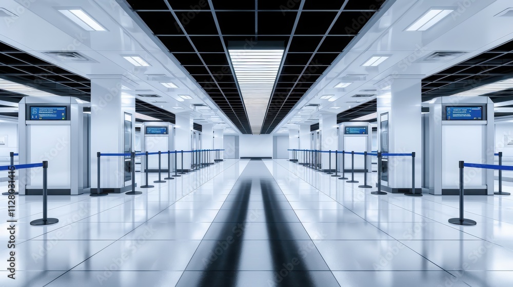 Modern, spacious indoor area with rows of barriers and digital displays, creating a clean, organized space.