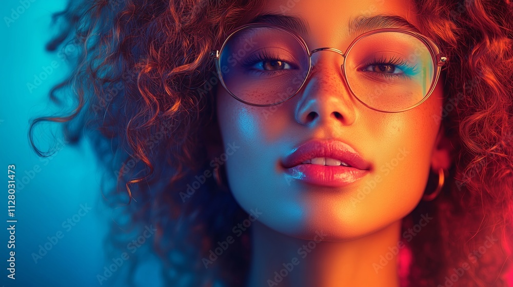 Vibrant Portrait of a Confident Woman with Curly Hair and Glasses Vibrant Portrait of a Confident Woman with Curly Hair and Glasses