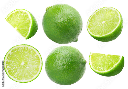 Natural fresh lime, half and slice isolated, transparent PNG, PNG format, cut out © natthapol