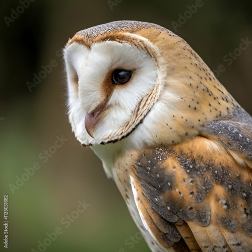 Close-up portrait of a barn owl showcasing its striking facial disc and feather details, ideal for nature photography and educational content. photo