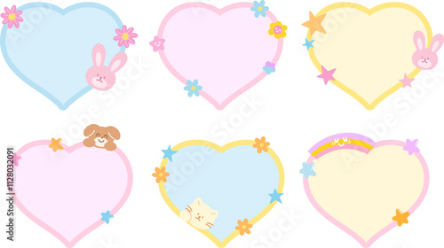 Cute vector illustration of cat, bunny, puppy, flower, star, rainbow with heart shaped blank space for name tag, text bubble, sticker, animal print, memo note, sticky note, notepads, paper design