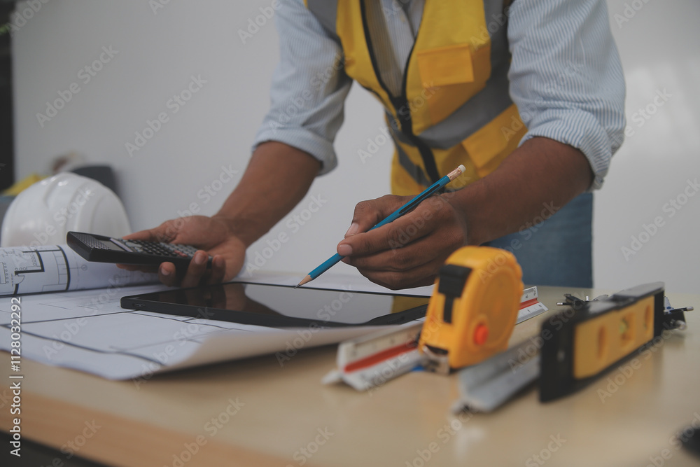Image of engineer meeting for architectural project. working with partner and engineering tools on workplace vintage tone. Image of engineer meeting for architectural project. working with partner and engineering tools on workplace vintage tone.