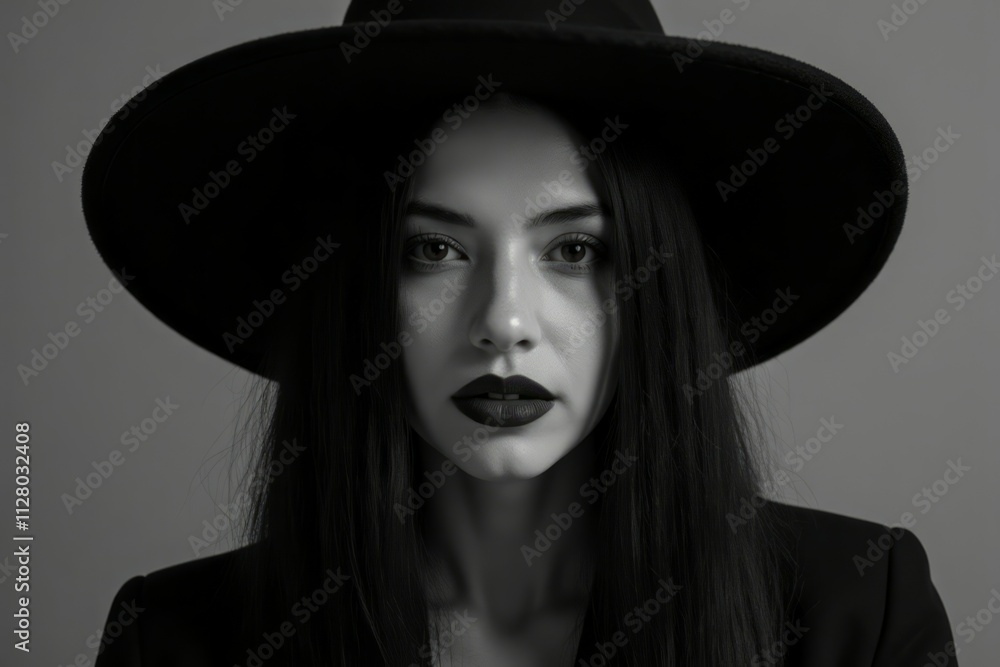Monochrome Portrait Of A Woman Wearing A Wide Brimmed Hat Monochrome Portrait Of A Woman Wearing A Wide Brimmed Hat