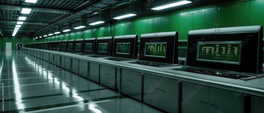 High-tech control room with computer monitors and green lighting. High-tech control room with computer monitors and green lighting.