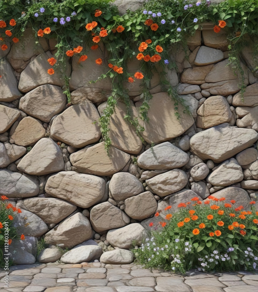 Stone wall with vines and flowers growing through the cracks, wall decoration, outdoor garden, landscape feature Stone wall with vines and flowers growing through the cracks, wall decoration, outdoor garden, landscape feature