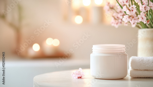 serene bathroom scene featuring skincare product, soft towels, and flowers