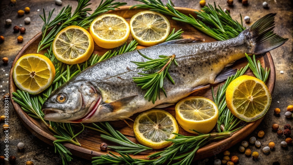 Smoked herring and trout, rosemary, and lemon: gourmet food photography showcasing elegant simplicity. Smoked herring and trout, rosemary, and lemon: gourmet food photography showcasing elegant simplicity.