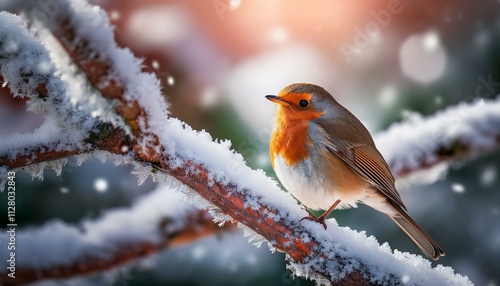 Robin perched in a snowy tree, surrounded by winter's chill, perfect for holiday or nature-themed art.