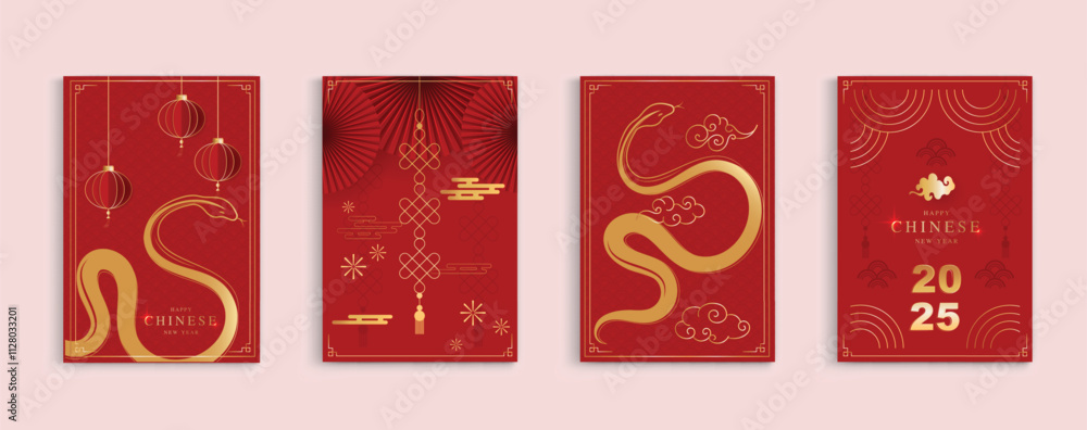 Chinese new year 2025 modern art design set in red gold background. Lunar new year 2025 for cover, card, poster website, calendar and banner. symbol of of the snake. vector design. Chinese new year 2025 modern art design set in red gold background. Lunar new year 2025 for cover, card, poster website, calendar and banner. symbol of of the snake. vector design.