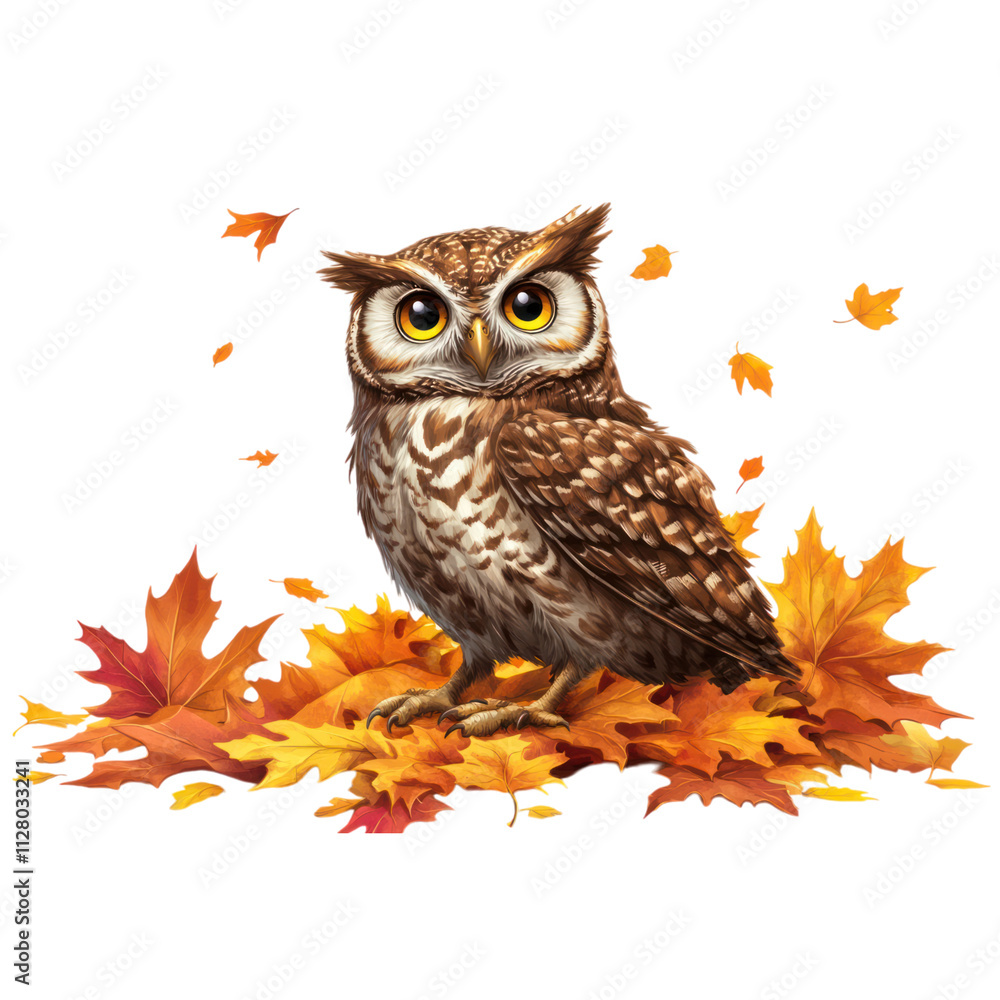 Obraz premium Owl Amidst Autumn Leaves on Transparent Background