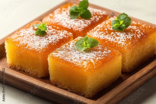 Four squares of moist, golden-brown cake, glazed and dusted with powdered sugar, garnished with fresh mint sprigs, arranged on a dark wooden square plate. photo