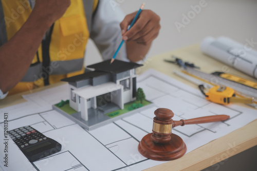 Judge gavel on building blueprint plans with a yellow safety helmet in the background. law that deals with matters relating to building construction, engineering. Construction law concept. photo