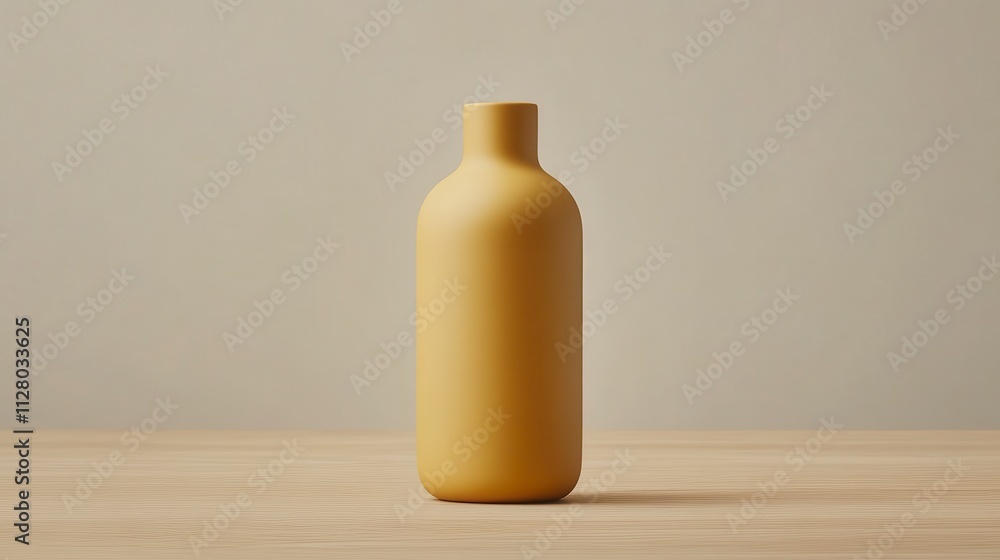 Minimalist Mustard Yellow Bottle on Wooden Table Minimalist Mustard Yellow Bottle on Wooden Table