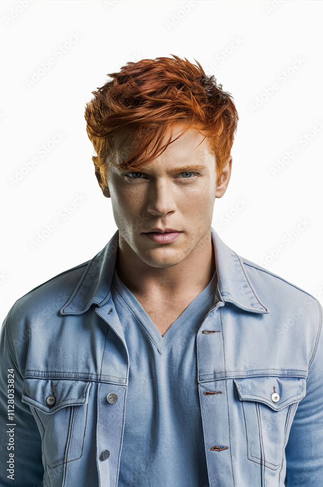 Obraz premium Headshot of red haired serious young male, dressed casually, with blue denim, isolated over white background 