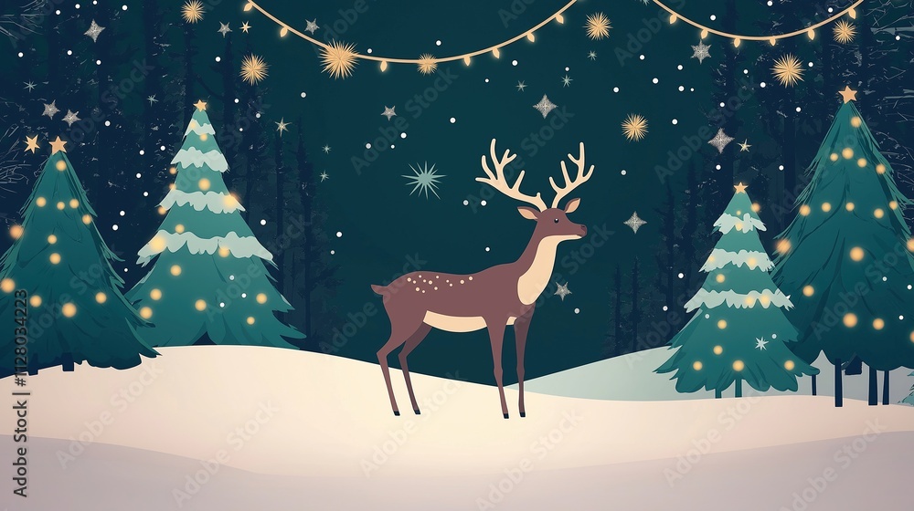 Christmas deer in the forest with Christmas trees and lights, flat design illustration, vector graphic style, dark green background Christmas deer in the forest with Christmas trees and lights, flat design illustration, vector graphic style, dark green background