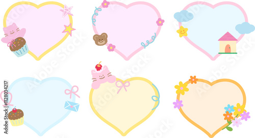 Illustrations of teddy bear, cat, cupcake, house, flowers with heart shaped blank space for name tag, text bubble, sticker, animal print, memo note, sticky note, notepads, paper design, post card 