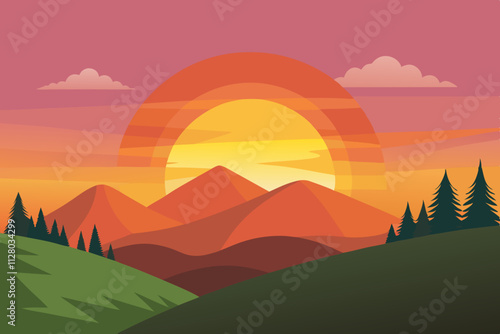 Sunrise on hill isolated vector illustration background