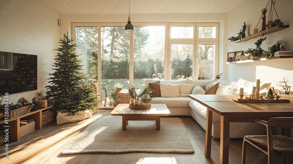 A light-filled living room featuring a central table, a corner sofa, a Christmas tree, a wooden table, and a window that looks out onto the garden. A light-filled living room featuring a central table, a corner sofa, a Christmas tree, a wooden table, and a window that looks out onto the garden.