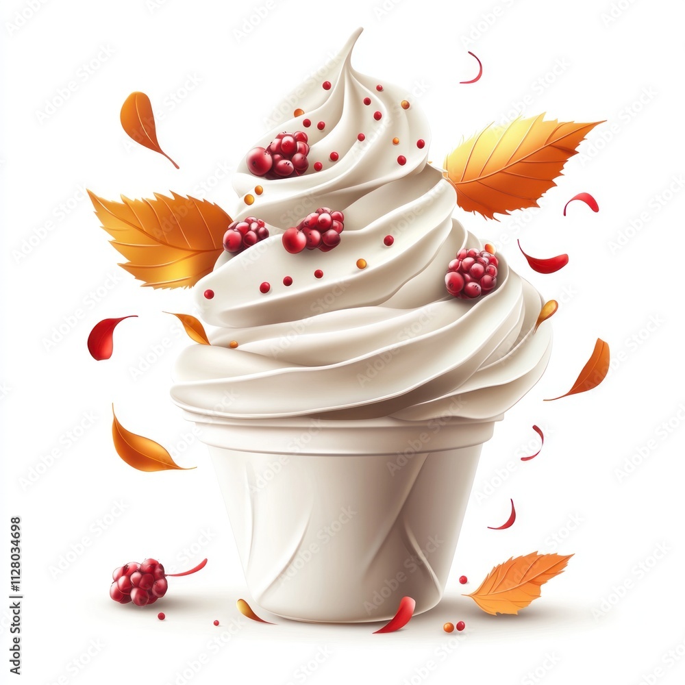 Creamy vanilla ice cream in a waffle cone, adorned with raspberries and autumn leaves. Creamy vanilla ice cream in a waffle cone, adorned with raspberries and autumn leaves.