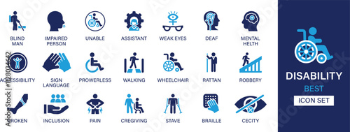 Disability best solid icon set collection. Blind, unable, weak eyes, deaf, mental health, accessibility, sign language, powerless, walking and vector illustration.