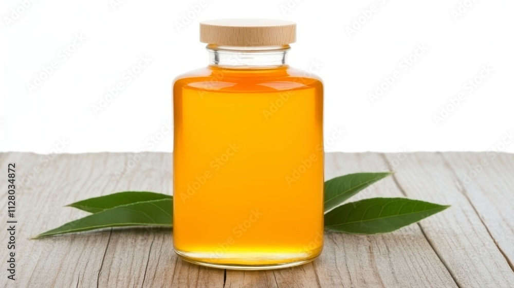 Natural Essential Oil in Glass Bottle on Wood Natural Essential Oil in Glass Bottle on Wood