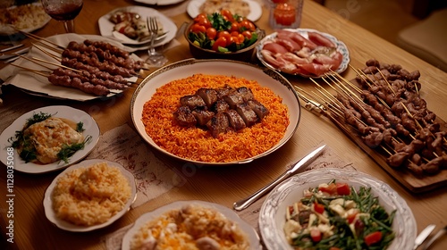 Warm Evening, Family Dinner Feast: Delicious Mediterranean Food on a Wooden Table AI Generated