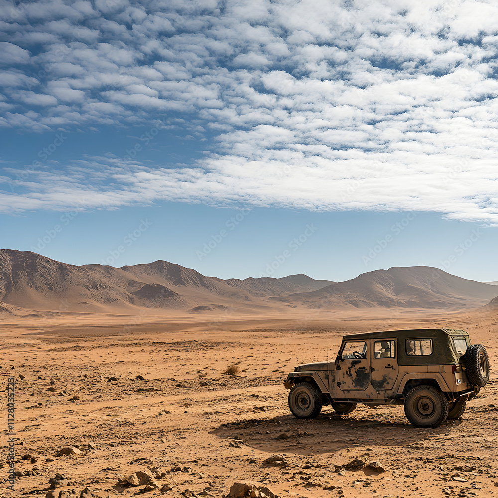 Fototapeta premium Exploring desert landscapes with an off-road vehicle arid region adventure photography natural environment aerial view exploration concepts