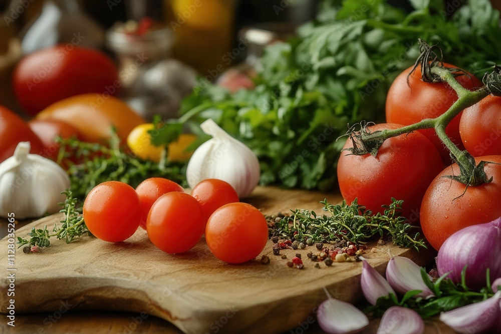 Fresh tomatoes, garlic, herbs on wooden board. Fresh tomatoes, garlic, herbs on wooden board.