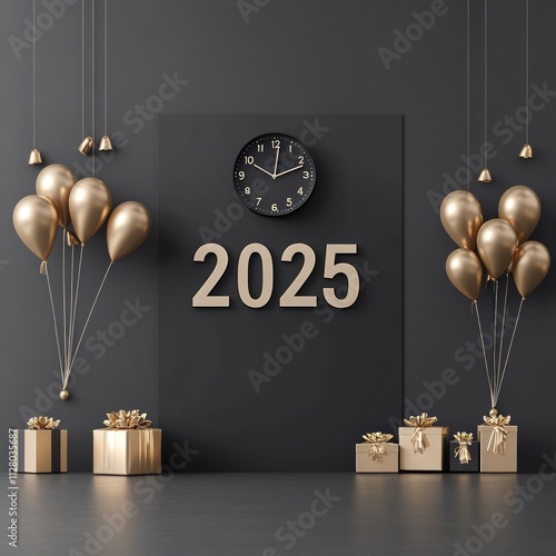 A Luxurious New Year 2025 Celebration with Gold Balloons and Gifts photo