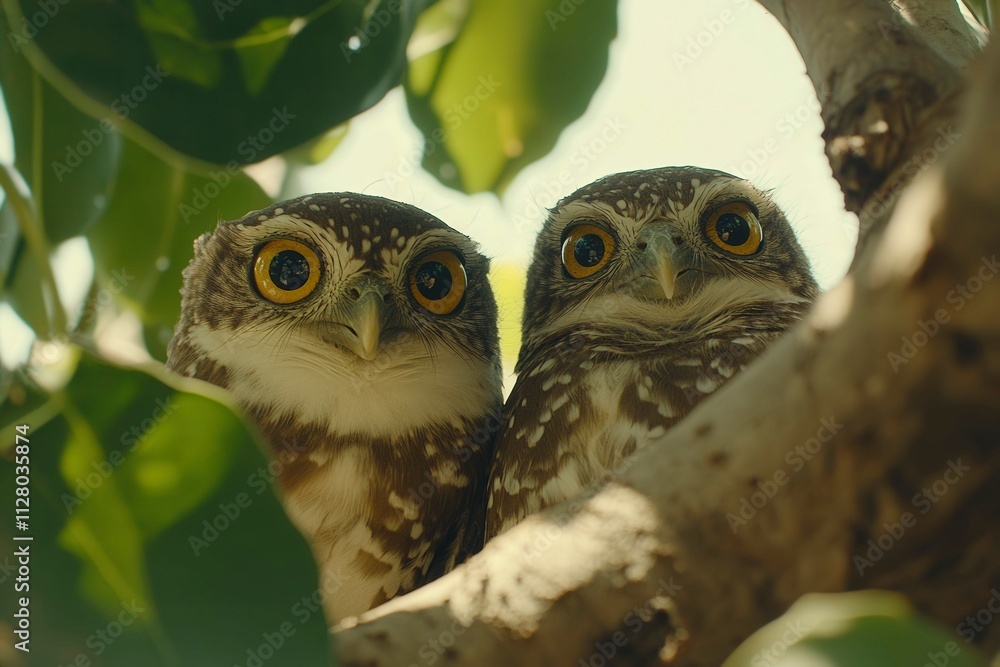 Two Owls Nesting Among Green Leaves Two Owls Nesting Among Green Leaves