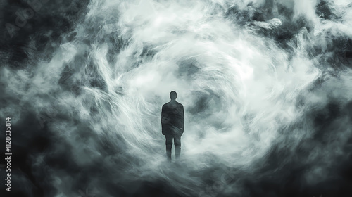 A lone figure, standing amidst a swirling vortex of steam, appears to melt and dissolve, creating a fleeting and illusory image. Illusory. Illustration