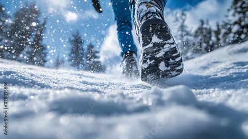 A snowshoe walker running through powdery snow.