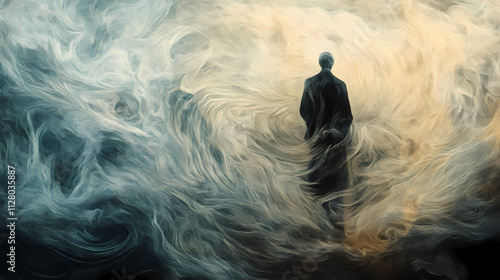 A lone figure, standing amidst a swirling vortex of steam, appears to melt and dissolve, creating a fleeting and illusory image. Illusory. Illustration