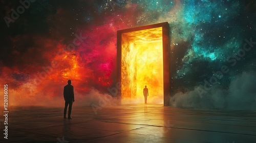 A man in front of the abstract gate leading to an other realm