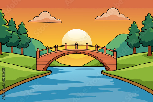 Bridge over a calm river at sunset isolated vector illustration