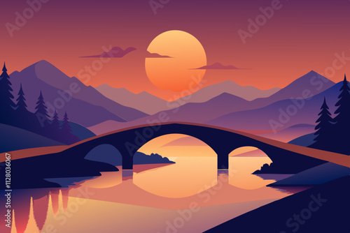 Bridge over a calm river at sunset isolated vector illustration