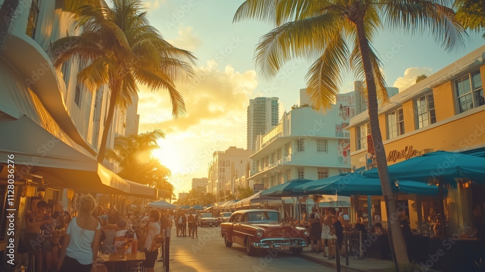 Obraz premium Downtown Miami buzzes with Art Deco architecture, palm trees, and vibrant street life at sunset.