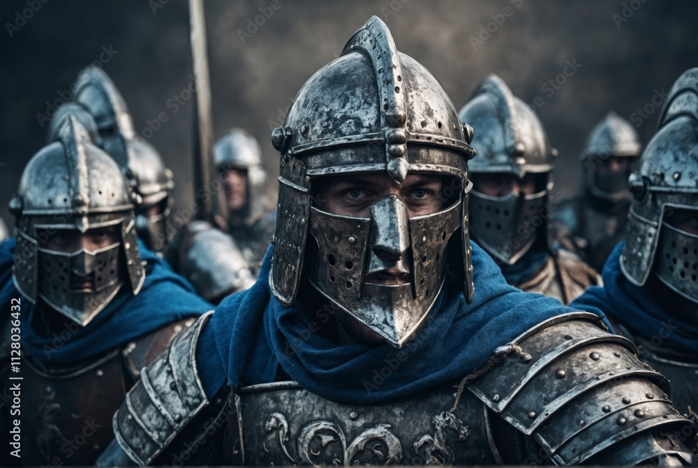 Medieval warriors in shining armor prepare for battle at dawn Medieval warriors in shining armor prepare for battle at dawn