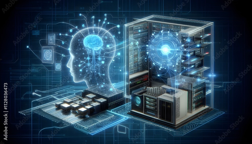 Generative AI, Dual-view of an AI model in progress and a backend system processing data, connected by digital streams Generative AI, Dual-view of an AI model in progress and a backend system processing data, connected by digital streams
