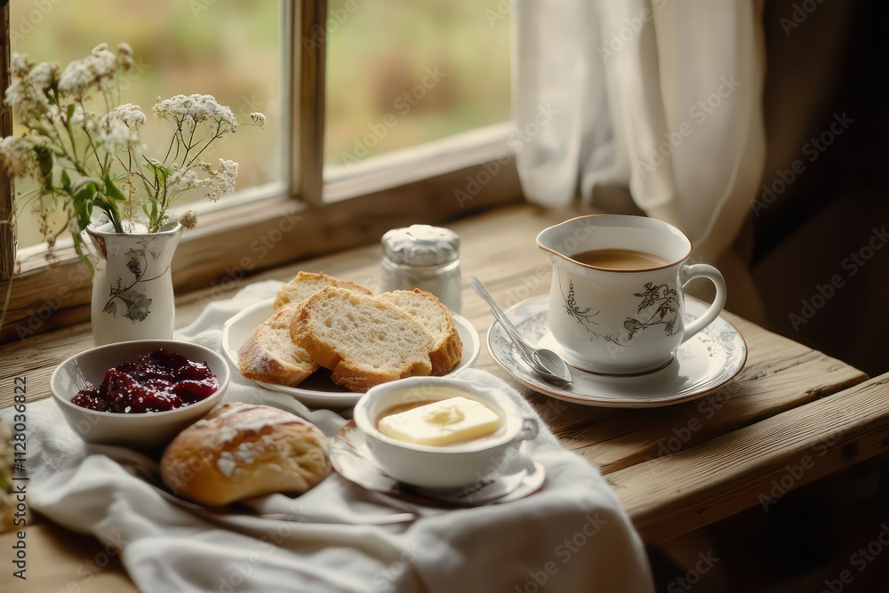 A charming European village table set for breakfast, with freshly baked wheat flour bread, butter, jam, and a warm cup of coffee, evoking a cozy, traditional feel. A charming European village table set for breakfast, with freshly baked wheat flour bread, butter, jam, and a warm cup of coffee, evoking a cozy, traditional feel.