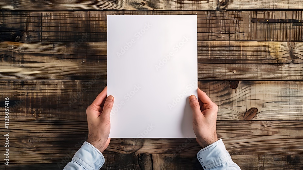 White paper in hands on a wooden background White paper in hands on a wooden background