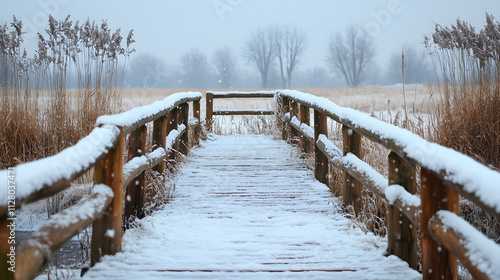 Fototapeta Naklejka Na Ścianę i Meble -  A snowy wooden bridge on a winter day in Juchy, Poland.