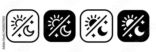 Day and night mode set icon. Sun, moon, dark, morning, weather, light, button, lamp, bulb symbol icons collection. Black and white vector illustration. Mobile apps or website screen brightness icon.